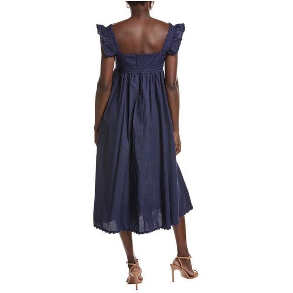 O.P.T. Kalliope Midi Dress Navy Blue Ruffle Straps Pockets Cotton Sz S - Picture 2 of 10